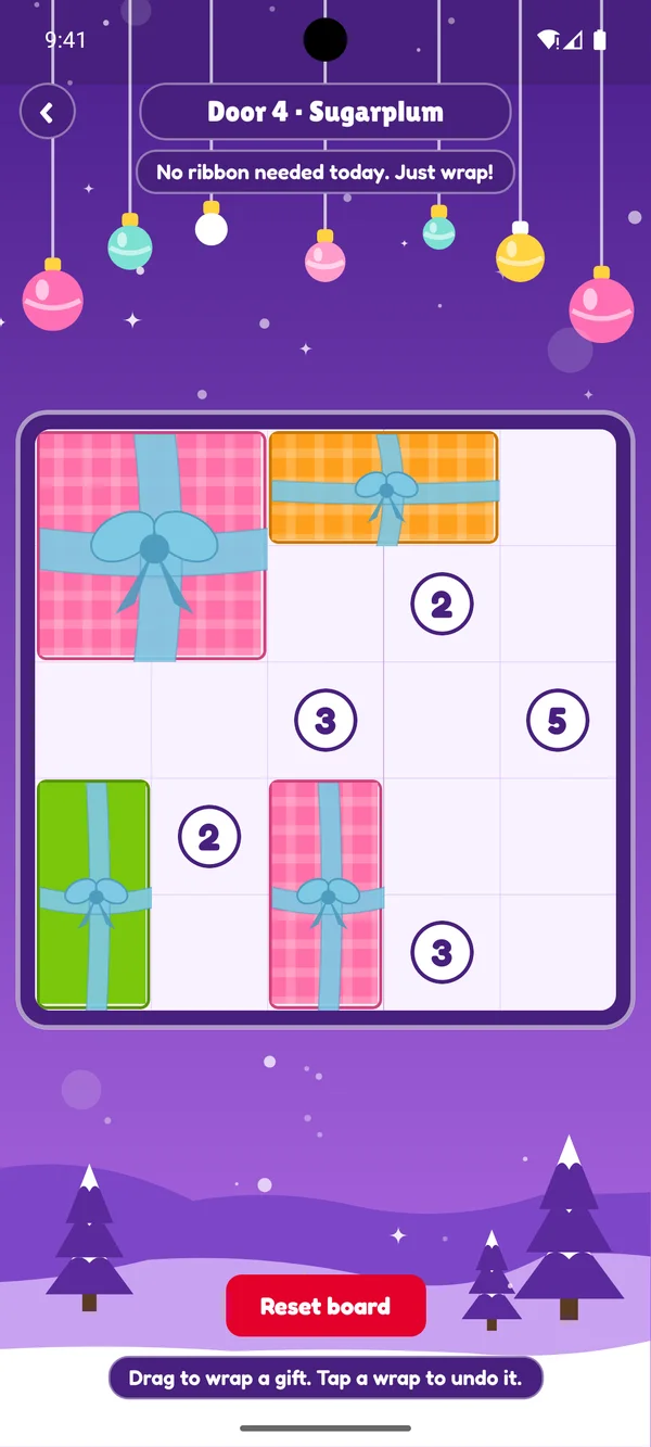 MerryWrap Door 4, Sugarplum: a puzzle board partway solved, with plaid gifts wrapped in ribbon and bows