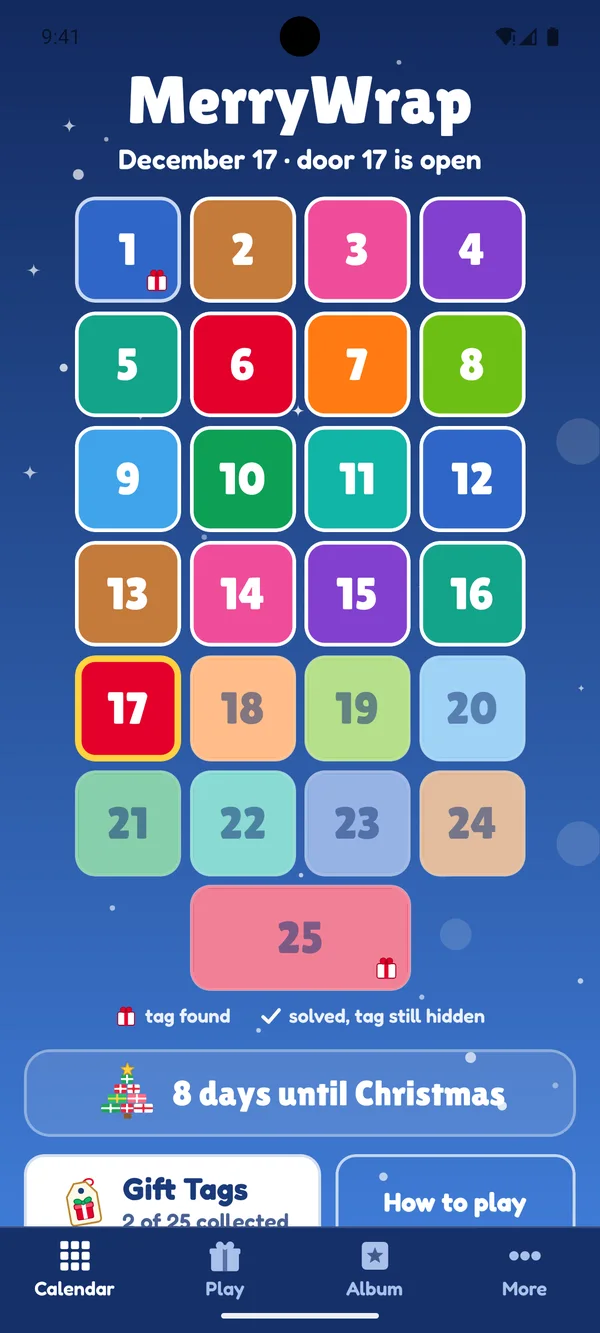 The MerryWrap door calendar on December 17: doors 1 to 17 open, door 25 waiting at the bottom